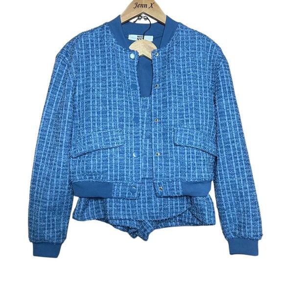 Madden NYC Blue Long Sleeve Tweed Bomber Jacket Tank Top Skort 3 Piece Set - Picture 1 of 15